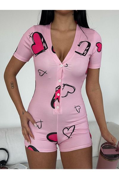 winmoda Printed and Buttoned Nightwear Jumpsuit / Homewear Pajamas Comfortable Use Short Sleeve Jumpsuit