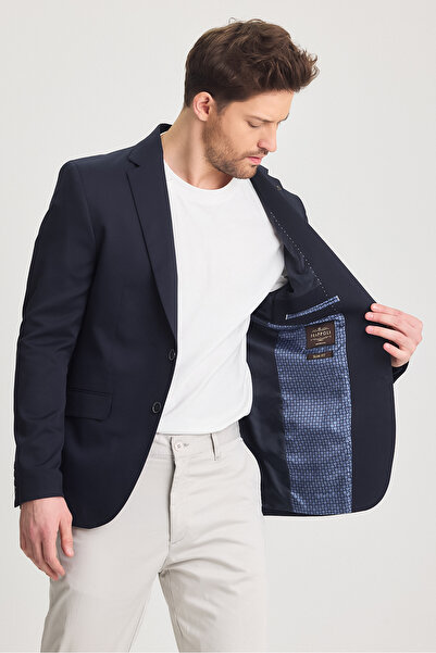 Frappoli Poly Erkek İndigo Likralı Pamuklu Slim Fit Spor Blazer Ceket