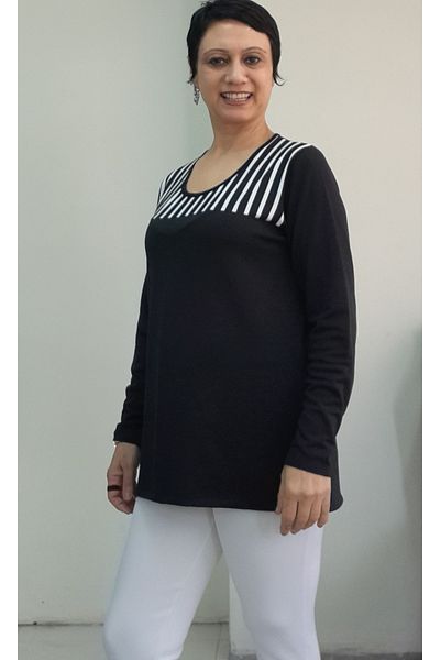 Mertcan Butik Black Hollowed-Out Neckline Front Robe Black and White Garnish Long-Sleeved Combed Viscose T-Shirt