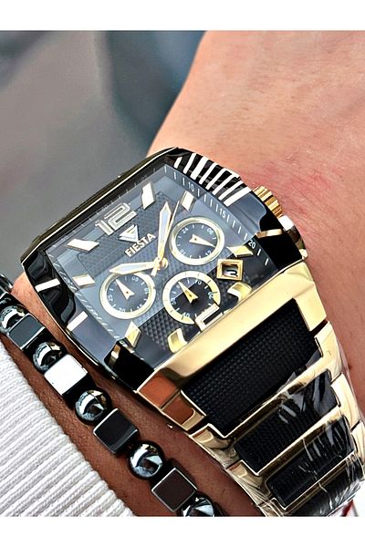 Fiesta Black Color Square Mirrored Model Steel Business Men's Wrist Watch + Bracelet