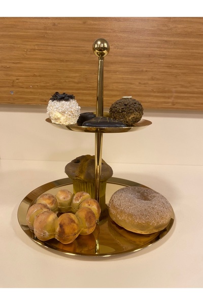 PLUS HOME SUNUM SERVİS TABAK 2 KATLI KURABİYELİK ÇELİK ALTIN AYAKSIZ