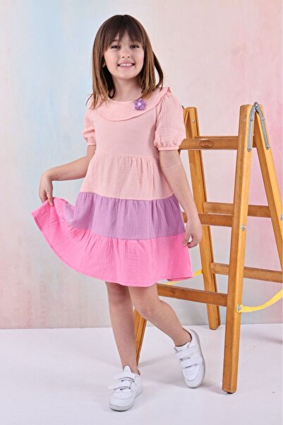 LUNA FSH KAT KAT RENKLİ YAKALI FERMUARLI KIZ ÇOCUK ELBİSE