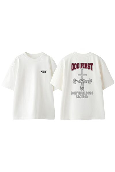 THEWERT God First Bodybuildin Design Back Printed Cotton White Oversize T-Shirt