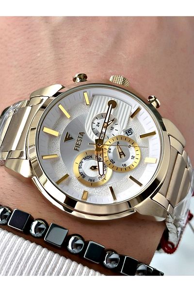 Fiesta Gold Color Function Steel Case Band Elite Men's Wrist Watch + Bracelet