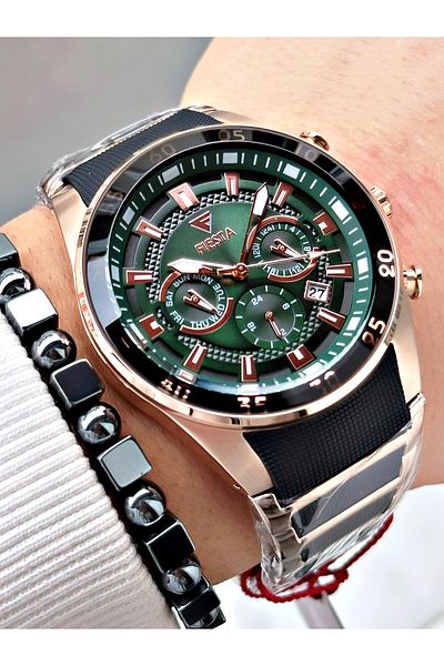 Fiesta Black Color Silicone Metal Steel Case Cord Men Wrist Watch + Bracelet