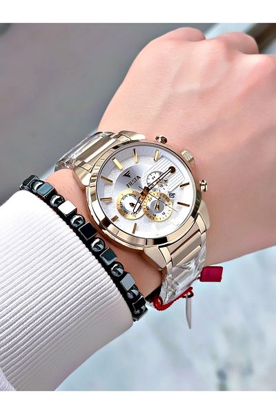 Fiesta Gold Color Function Steel Case Band Elite Men's Wrist Watch + Bracelet