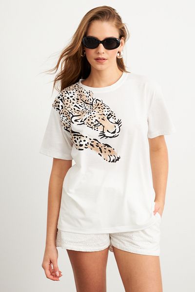 Cool & Sexy Women's Ecru Leopard Printed T-Shirt Fir2137