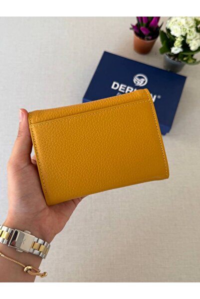 DERKON Mini Bozuk Para Hazneli Hakiki Deri Cüzdan Hardal Sarısı