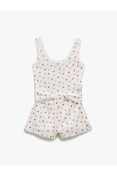 Koton Set de pijamale din bumbac, fără mâneci, cu decolteu în U, cu imprimeu căpșuni, cu pantaloni scurți
