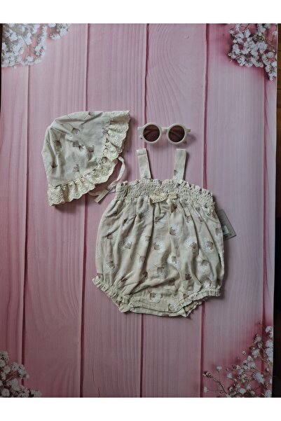 Mary&Joe Gözlük Hediyeli Kız Bebek Şapkalı Askılı Yazlık Tulum Takımı