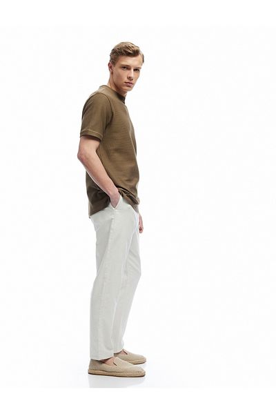 Koton Gestreifte Sommer-Chinohose aus Leinen-Baumwollmischung mit Taschendetail und Schnürung an der Taille