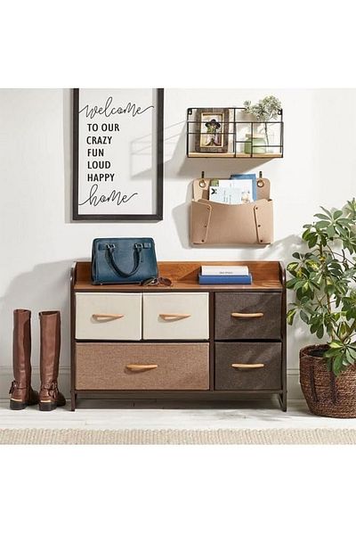 Extra Storage shelves with 4 easy-pull fabric drawers and a wooden table top in an elegant, attractive and modern design.