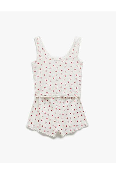 Koton Baumwoll-Pyjama-Set mit U-Ausschnitt, ärmellos, Erdbeer-Print und Shorts