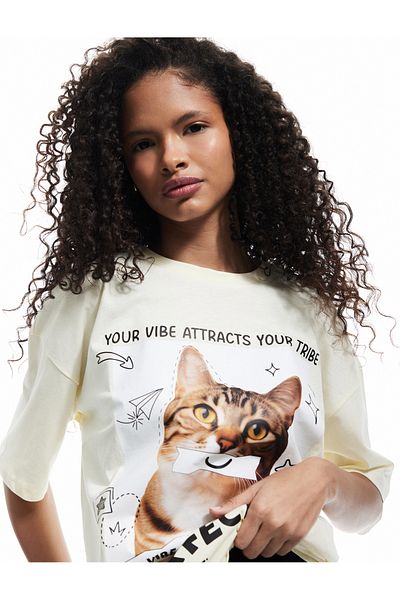 Koton Short Sleeve Crew Neck Cotton Cat Printed Oversize T-Shirt
