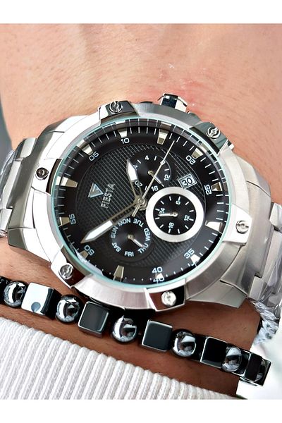 Fiesta Silver Color Function Steel Machinery Guaranteed Men's Wrist Watch + Bracelet