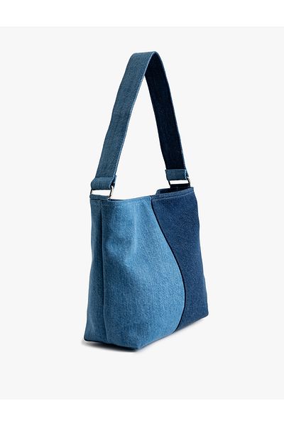Koton Zippered Color Blocked Denim Tote Bag with Handle