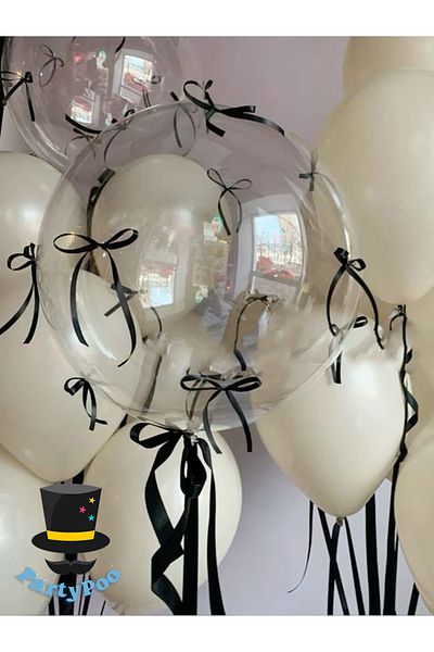PartyPoo Transparent Bobo Balloon Black Ribbon Bow Set Bow Balloon