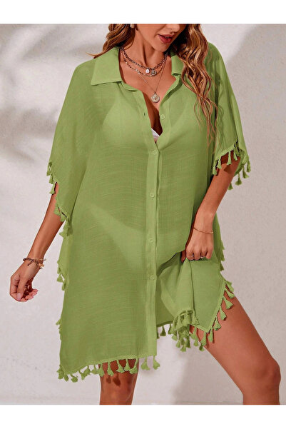 HOPLEVER Bat Sleeve Buttoned Pareo with Tasseled Edge