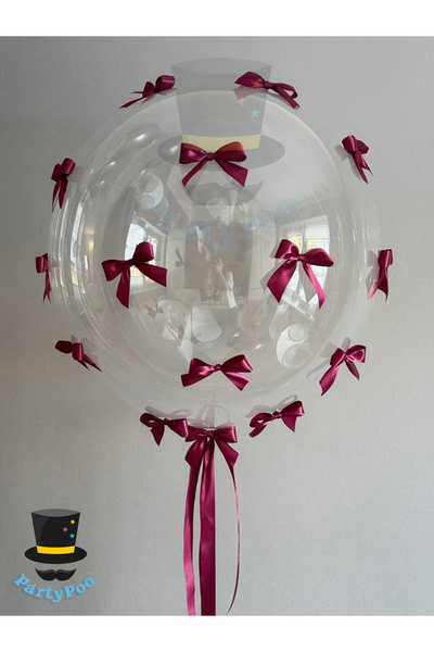 PartyPoo Transparent Bobo Balloon Burgundy Ribbon Bow Set Bow Balloon