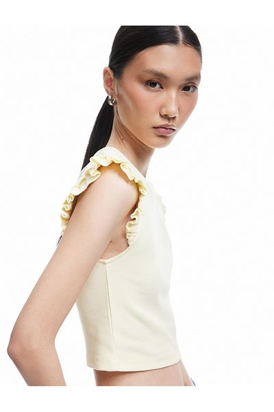 Koton Cotton Crew Neck Slim Fit Ruffle Sleeveless T-Shirt