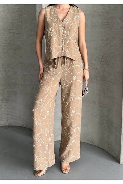 HandCo Women's Embroidered Linen Vest Pants Set Bohemian Elegance