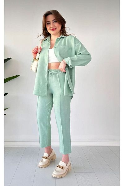ZoeFlower Women's Double Linen Shirt Pants Bottom Top Suit Turquoise