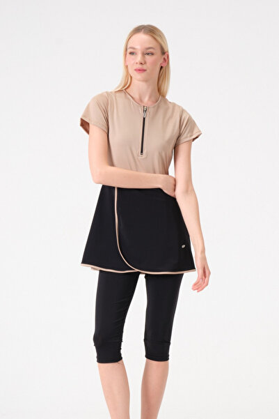 İYİBU Taş Rengi Kısa Kollu Yarı Kapalı Elbise Mayo 4 lü Set (Üst, Tayt, Büstiyer, Bone)