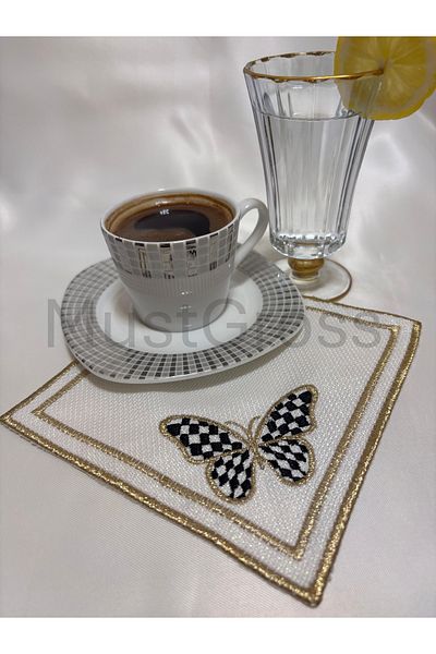 Mustgross 6 Pieces Fabric Presentation Napkins - Coffee Side Embroidered Presentation Napkin, Cocktail Napkin