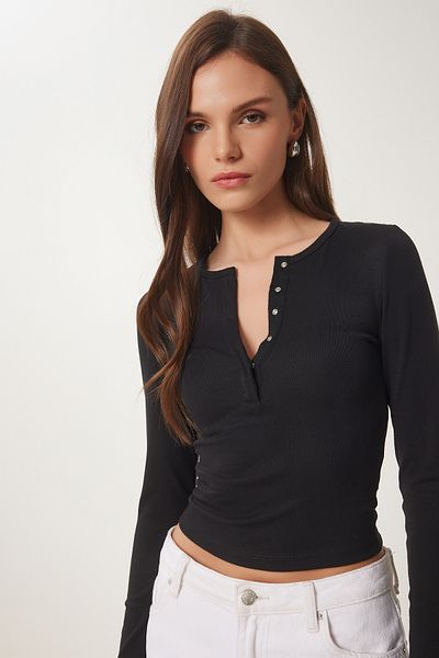 Lovelyİstanbul Basic πλεκτή μπλούζα Crop με κουμπωτά ΜΑΥΡΟ LFW0002