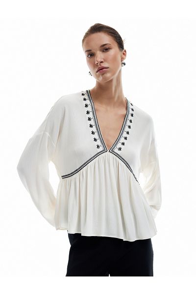 Koton Viscose Fabric Embroidery Detailed Long Sleeve V-Neck Blouse