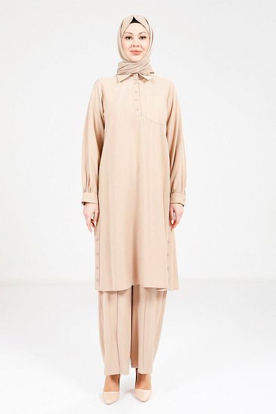 Beyza Relaxed Cut Beige Tunic and Trouser Suit 9241