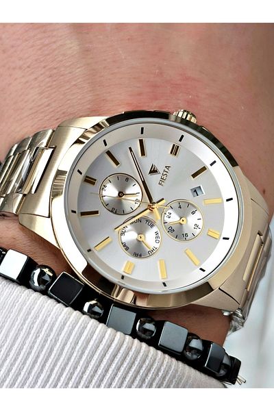 Fiesta Gold Color Functions Active Elite Steel Men Wristwatch + Bracelet