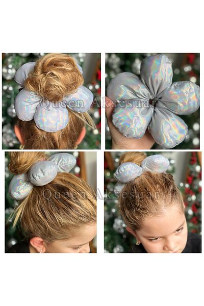 QUEEN AKSESUAR New Fashion Scrunchie Luxury Fluffy Big Daisy Flower Elastic Shiny Hologram Scrunchy