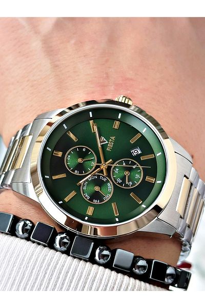 Fiesta Gold Silver Color Functions Active Elite Steel Men Wristwatch + Bracelet