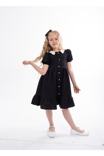 opheliateks Wednesday Ready-Made Collar Vintage Children's Dress-Short Sleeve-Black