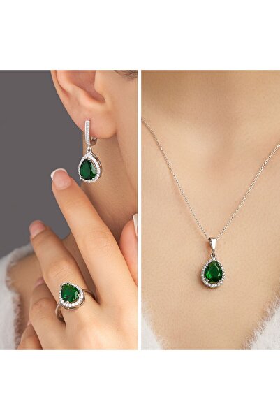Siset Gümüş 925 Ayar Radyum Kaplama Damla Zümrüt Taşlı Gümüş Üçlü Set