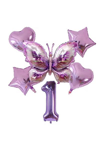 DÜVENCİ TİCARET Purple Color Large Size Butterfly Foil 6 Piece Birthday Age Balloon Set