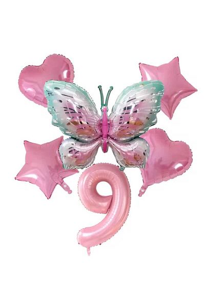 DÜVENCİ TİCARET Birthday Age Balloon Set with Butterfly Foil Balloons 6 Pcs