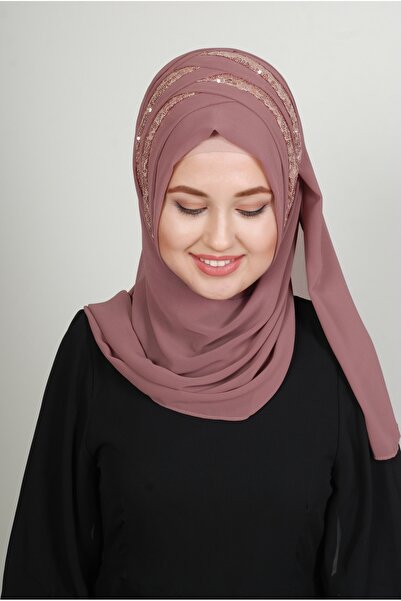 Yasmin S'H'E 2p2p Payetli Modern Hazır Türban Gül Kurusu Renk