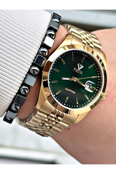 Fiesta Gold Color Classic Steel Guaranteed Elite Men's Wrist Watch + Bracelet