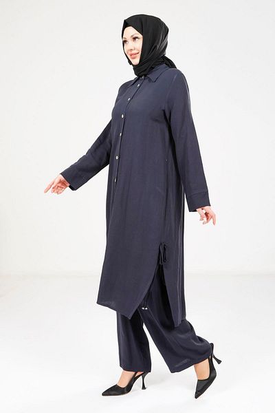 Beyza Σετ μπλουζάκι με λινό χρώμα Navy Blue 9281