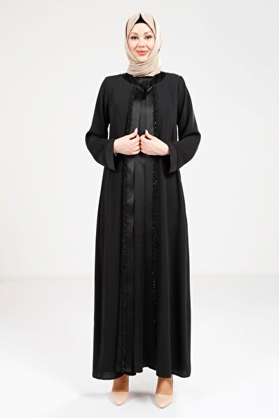 Beyza Saten Elbiseli Siyah Abaya 9269
