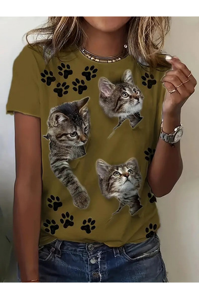 JANES Жіноча футболка з коротким рукавом з принтом кішки та лапи з однотонног...