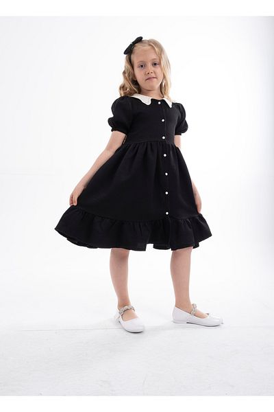 opheliateks Wednesday Ready-Made Collar Vintage Children's Dress-Short Sleeve-Black