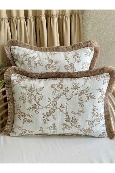 Decamor home Tasseled Bird Patterned Beige Throw Pillow Case Woven Fabric 1 Piece