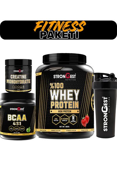 STRONGEST Fitness Pack, Strawberry Whey Protein, Creatin, Bcaa and Shaker Quadruple Combination