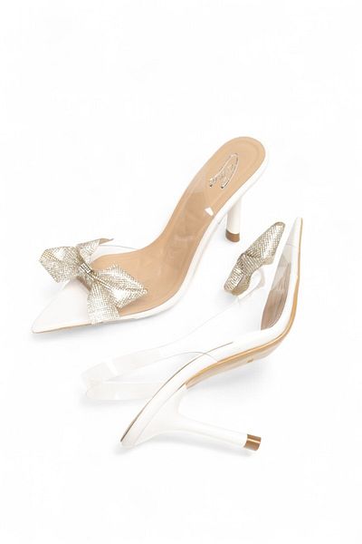 ELAIA SHOES Velina - Women's Transparent Banded Thin Heeled Shoes with Stone Bow Detail White Skin