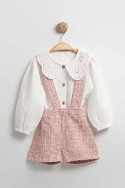 Mini Baray 2-Piece Baby Girl Set with Lace Collar Muslin Shirt and Straps - S...