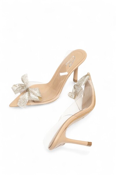 ELAIA SHOES VELINA - حذاء نسائي بكعب رفيع وشريط شفاف ومزين بفيونكة حجرية وجلد...