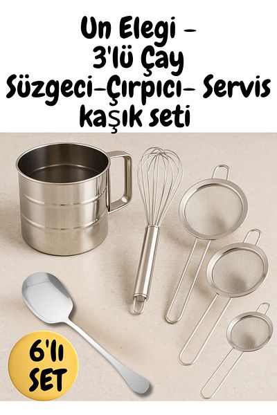 BRE HOME 6-Piece Stainless Steel Kitchen Set Flour Sieve, Whisk, Strainer, Serving Spoon